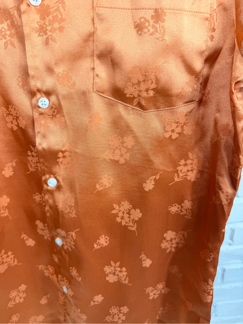 ASOS Design Floral Jacquard Satin Camp Collar Shirt Orange Large - Picture 2 of 5